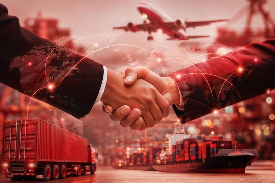 Business Partnership Handshake Symbolizing Digital Connectivity and Global Logistics in Transportation Network.
