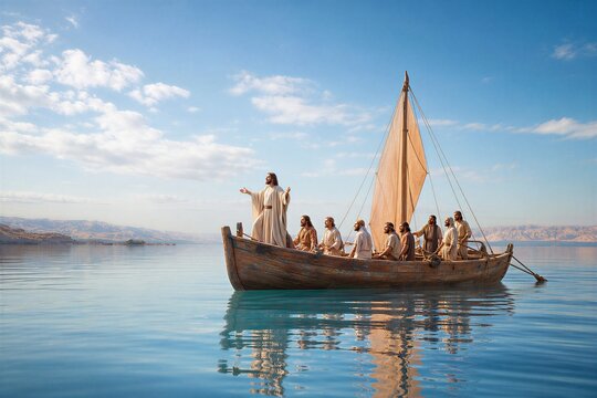Jesus miraculously calming a raging storm over a small fishing boat on the Sea of Galilee, demonstrating divine power in a biblical New Testament scene.