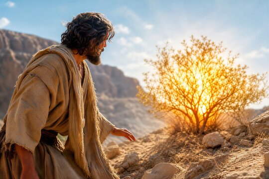 Moses encountering the divine burning bush in the ancient desert wilderness, a sacred biblical revelation from the Old Testament book of Exodus.
