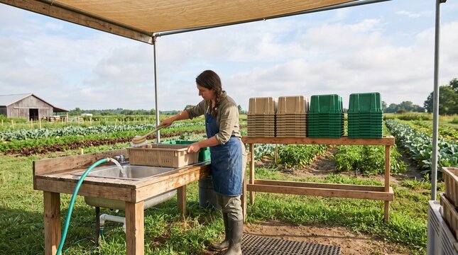Farmer washing harvest crates at outdoor farm wash station