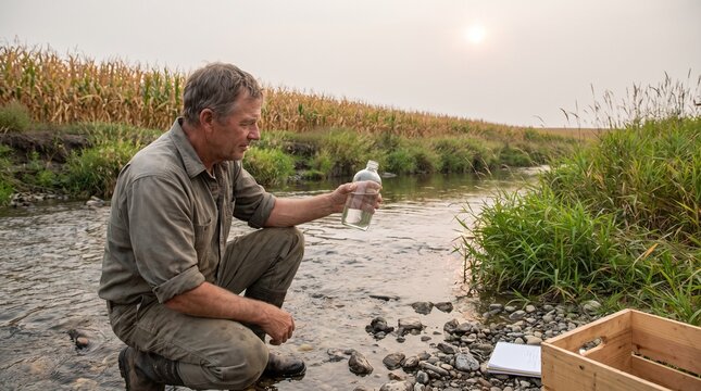Farmer collecting river water sample for agricultural testing