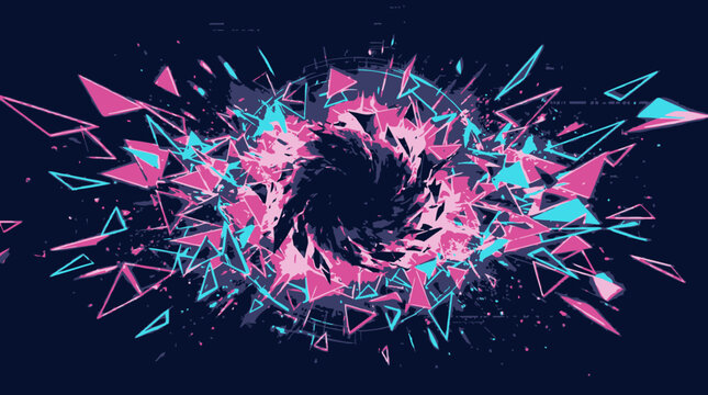 Vibrant abstract geometric explosion with shattered pink and blue triangles forming a dynamic swirling vortex on a dark background, digital art.