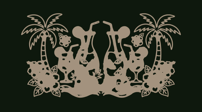 Tropical vacation concept: stylized palm trees, exotic cocktails, and decorative elements on a dark background