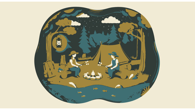 Couple enjoying a campfire at night in a forest campsite with a tent and starry sky