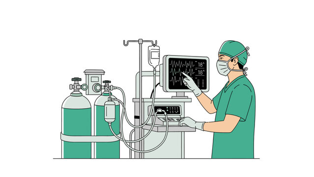 Doctor in medical uniform operating a ventilator machine with oxygen tanks and monitor in a hospital setting