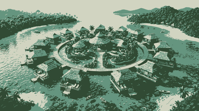 Aerial view of a luxurious tropical island resort with overwater bungalows arranged in a circle, surrounded by lush vegetation and clear blue water.