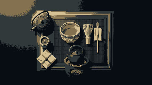 Traditional Japanese Matcha Tea Ceremony Set with Whisk, Bowl, and Kettle on a Dark Background