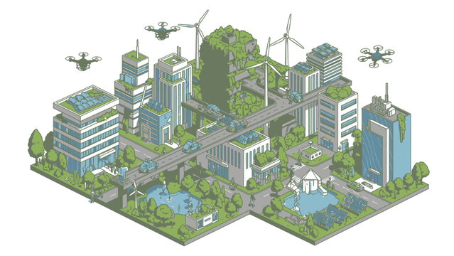 Futuristic eco-city with green buildings, renewable energy, drones, and sustainable urban development