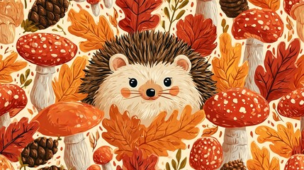 Naklejka premium Fall wallpaper with cartoon hedgehog, mushrooms, and leaves. This design works well for printing on fabric, packaging, or for wall art.
