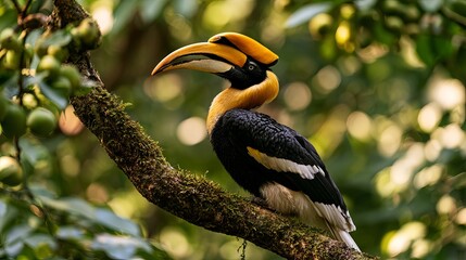 Obraz premium Hornbill searches for fruit inside Khao Yai Forest, Thailand.