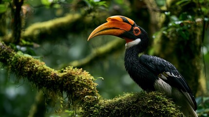 Obraz premium Hornbill searches for fruit inside Khao Yai Forest, Thailand.