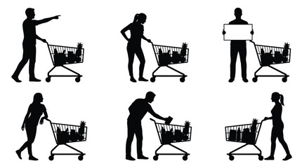 Diverse collection of shopping cart silhouettes featuring people performing various grocery store activities and tasks © PrimePixel Studio