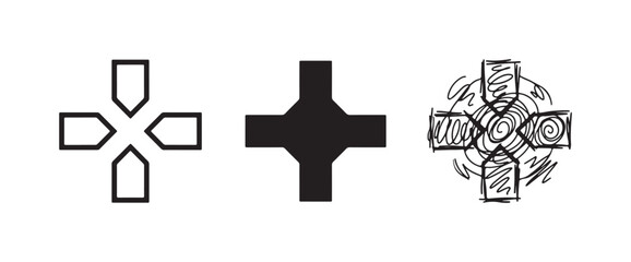 Directional pad (D-pad) or cross icon set in outline, solid, and sketchy styles, for navigation. © Maksym cvc