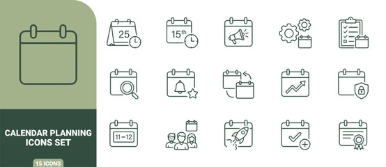 Fototapeta premium Calendar planning line icon set featuring time management, schedule organization, dates, tasks, and business event symbols