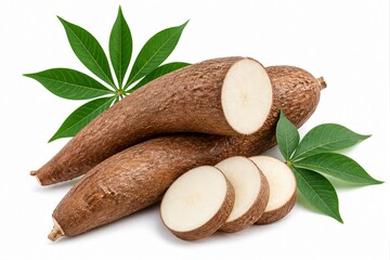 Fototapeta premium Cassava roots sliced arranged with leaves on white background