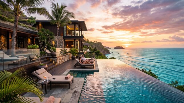 Tropical Luxury Resort Infinity Pool with Ocean Sunset View