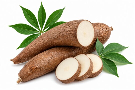 Cassava roots sliced arranged with leaves on white background