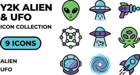 Pixel Art Collection of Sci-Fi Icons Featuring Aliens UFOs and Spaceships © babe