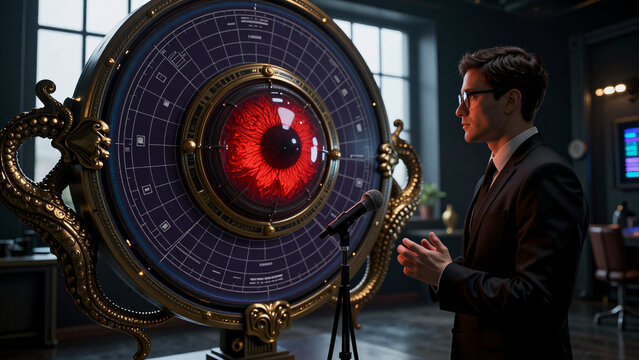 Man speaking into microphone before mystical astrolabe with glowing red eye