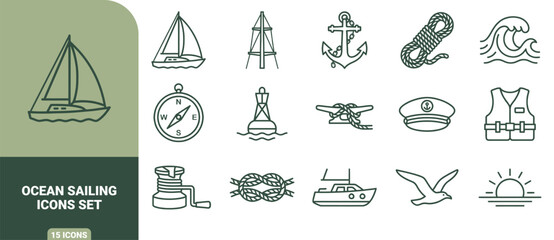Ocean sailing icon set featuring dark green nautical symbols including sailboats, anchors, compass, waves, and rope on light background © Gra-fix PNG