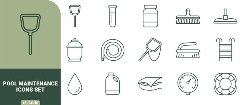 Pool maintenance icon set with outline symbols of cleaning tools, water testing equipment, and safety gear
