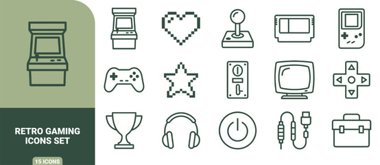 Retro gaming icon set featuring arcade machine, pixel heart, joystick, game controller, handheld console, and trophy symbols © Gra-fix PNG