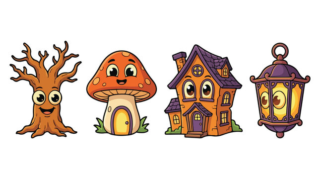 cute anthropomorphic Halloween characters with big, expressive eyes&mdash;featuring a friendly bare tree, a smiling mushroom house, a quirky orange and purple haunted cottage, and a glowing hanging lantern