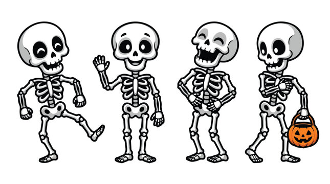 clipart collection of four cartoon skeleton characters in fun poses&mdash;including dancing, waving hello, laughing hysterically, and trick-or-treating with a jack-o'-lantern bucket. Isolated on a plain whi