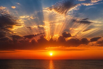 Fototapeta premium Sunrise sunbeams radiating over calm ocean horizon