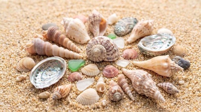 Seashell collection on beach sand. Close-up of assorted seashells and marine treasures. Coastal decor and beachcombing scene.