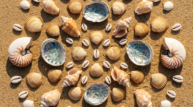Seashell collection on beach sand. Coastal summer scene with seashells and pebbles.