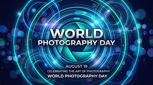 Abstract digital background for world photography day featuring a glowing camera lens aperture and futuristic light circles