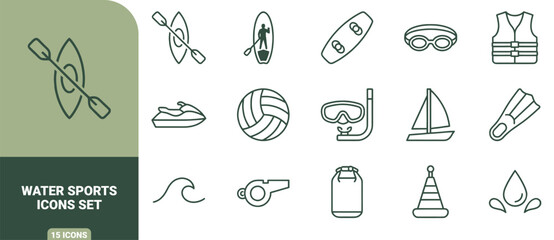 Water sports icon set featuring fifteen outlined symbols including kayak, sailboat, paddleboard, snorkel, and life jacket © Gra-fix PNG