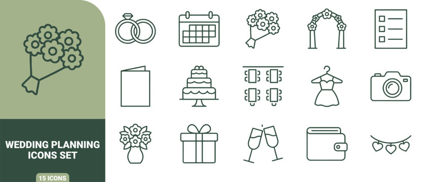 Wedding planning icons set with line symbols for rings, calendar, bouquet, cake, dress, and camera line outline symbols