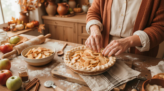 Person preparing homemade apple pie in a rustic kitchen. Autumn baking scene with fresh ingredients and cinnamon. Cozy seasonal cooking concept