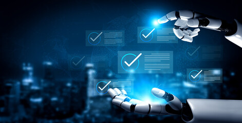 A robotic arm engages with holographic checkmarks and data screens, showcasing the future of technology and automation in a vibrant digital landscape. Cyphers