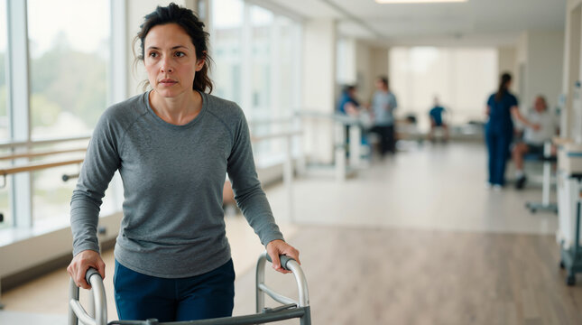 Woman using a walker for physical therapy in a hospital rehabilitation center. Patient recovering from injury in a medical facility
