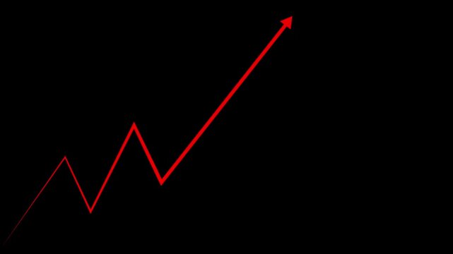 Red line graph showing upward trend with arrow pointing towards right corner on a solid black background representing financial growth