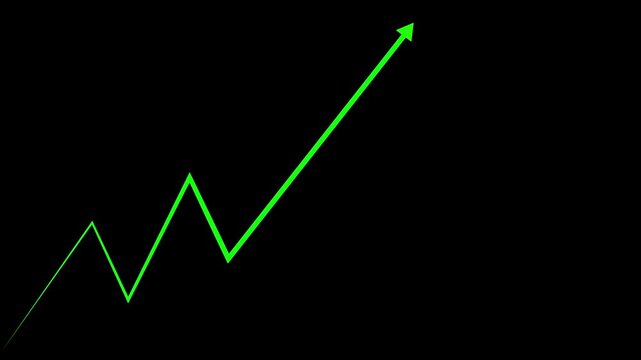 Green line graph showing upward trend with arrow pointing towards right corner on a solid black background representing financial growth