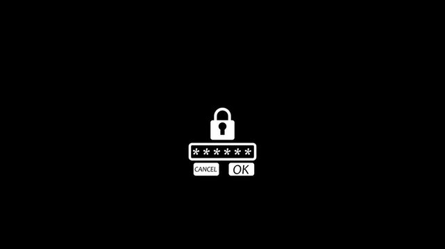 White password login box with padlock symbol and buttons for cancel and ok isolated on a black background representing digital security