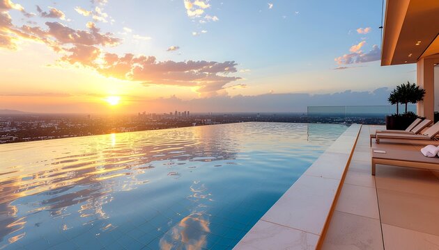 Infinity pool at sunset with city view and lounge chairs