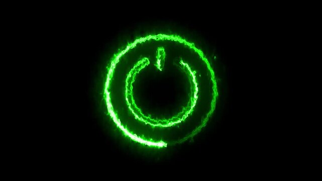 Glowing fiery power button symbol animation on black background, burning fire electrical power icon indicator, fiery flame energy power off on concept UI UX design motion graphic element for video.