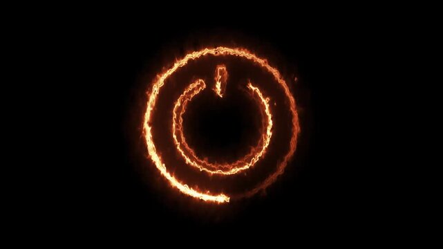 Glowing fiery power button symbol animation on black background, burning fire electrical power icon indicator, fiery flame energy power off on concept UI UX design motion graphic element for video.