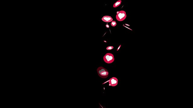Animated social media heart like reaction icons floating up on black background, stream live love reactions overlay, romantic heart appreciation bubble symbols UI UX motion graphic video effect.