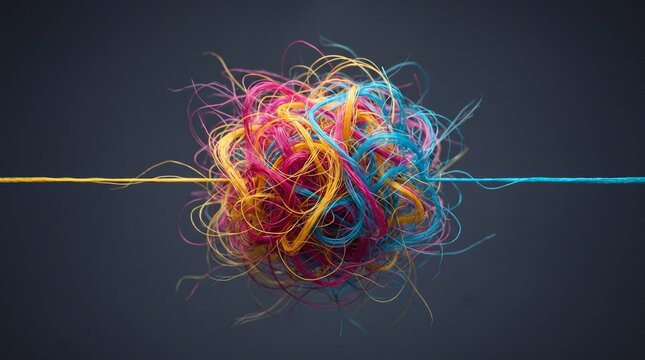 Tangled Colorful String Ball With Opposite Ends Pulled Apart On Dark Background