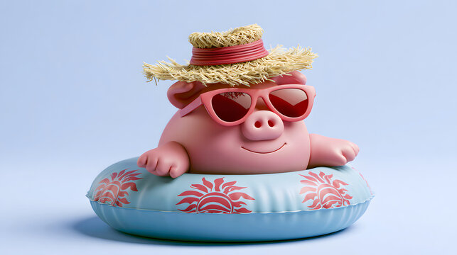 A charming pink piggy bank, decked out in sunglasses and a straw hat, bobbing in an inflatable swimming pool ring. This wallet is dedicated to saving for summer excursions, travel expenses, and retire