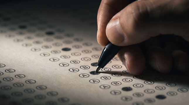 Closeup of hand filling multiple choice answer sheet with black pen during timed exam session today