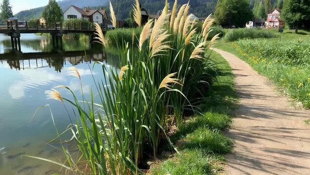 Crisp 4K springtime nature footage walking along a peaceful lakeside trail lined with tall dry reeds in the protected conservation area of Greifensee near Uster Switzerland
