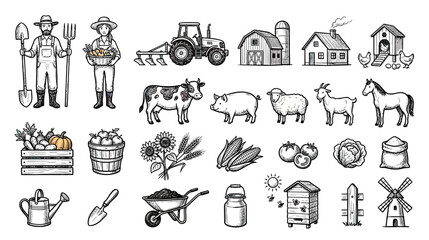 Farm Life Illustrations: Farmers, Animals, Crops, and Buildings © koas