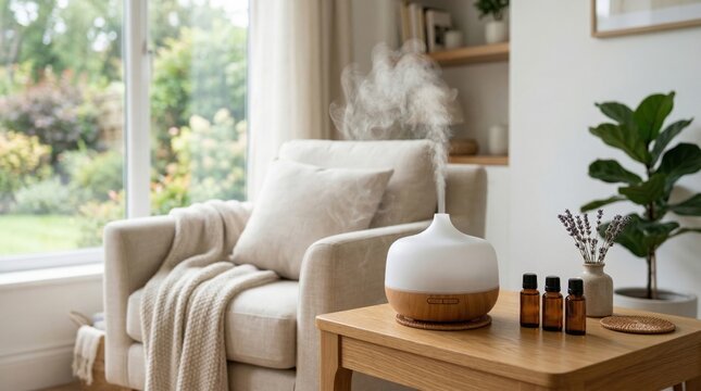 An essential oil diffuser gently mists in a bright, minimalist living room. It's perfect for promoting home wellness, relaxation, and modern lifestyle content.